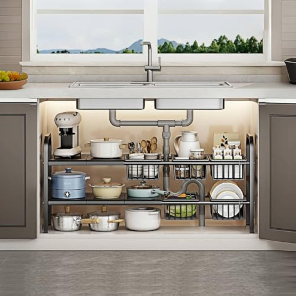 2‑Tier Expandable Under‑Sink Metal Organizer